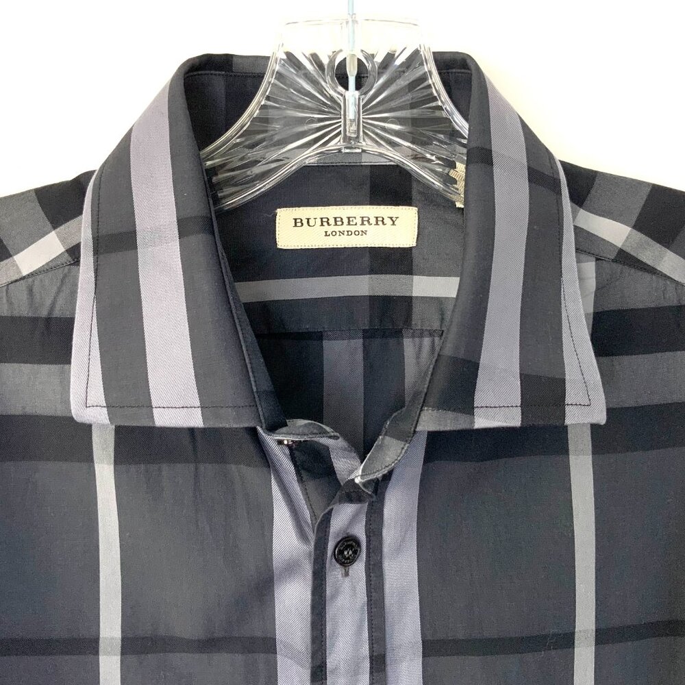 Burberry London Charcoal Gray Check Cotton Button Down Shirt Sz 16/34-35 - Picture 4 of 16